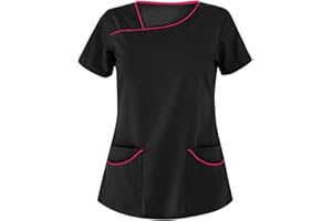 HAOLEI Blouse Tunique Medicale Femme Couleur Unie Col IrréGulier Manches Courtes avec Poches MéDical Uniforme D'Clinique LâChe Haut De InfirmièRe Travail