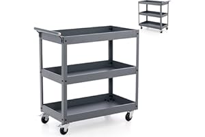 GiantexUK 2/3-Tier Tool Trolley, Metal Frame Utility Service Cart with 4 Wheels & Handle, Heavy Duty Rolling Storage Trolley for Office, Garage, Warehouse and Workshop (3-Tier, Flat Handle, Dark Grey)