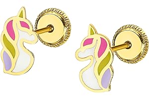TIME ROAD Boucles d’oreilles Fille en Or 9K LG00186 – Fermoir Sécurisé à Vis – Licorne – Enfant – Idéal Cadeau Communion ou Anniversaire
