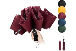 Chakipee Ombrello Pieghevole Pioggia da Viaggio Antivento - Ombrello Rosso per Uomo Automatico Apri Chiudi,Inverso Portatile per la Compatto, Rivestimento in Tessuto 210T Apertura 105 cm 10 Stecche