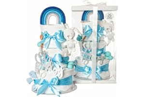 ‎LIMELY XXL Handgemachte Windeltorte Junge mit Geschenkverpackung, Kuscheltier, Bio Mulltücher, Grußkarte, Söckchen, Pampers Windel, Geschenk zur Geburt, Babyparty, Geburtsgeschenk Junge (Babyblau)