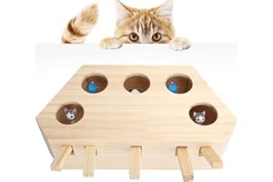 RUIRUIY Giocattolo interattivo per Gatti in Legno, Giocattolo, Topo Talpa, Scatola Puzzle con Simpatici Giocattoli per Gatti, Caccia, Gioco, Esercizio, Graffi - 5 Fori
