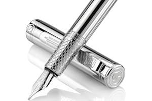 Scriveiner Silver Chrome Fountain Pen (Medium), Award Winning Luxury Pen, Heavy Pocket Pen, Chrome Finish, Schmidt Nib, Converter, Best EDC Writing Pen Gift Set for Men & Women