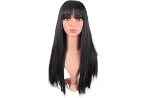MapofBeauty 24 Zoll/60 cm Frauen lange gerade flache Pony Kunsthaar hitzebeständiges Faserhaar für Party Cosplay Perücke (Braun Schwarz)