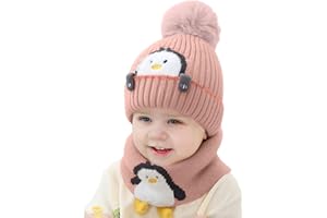 RAYSON Gorros para Niño Niña Bebé Otoño Invierno Linda Pequeño pingüino Niños Gorro de Punto Acolchado y Bufanda Traje de 2 Piezas