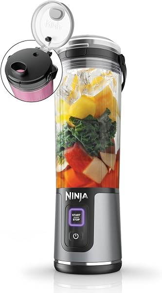 Ninja Blast Blender portable, 530 ml, couvercle résistant aux fuites et bec verseur, mini blender sans fil puissant, rechargeable, smoothies, shakes protéinés, mixe fruits et glaçons, noir, BC151EUBK - 1
