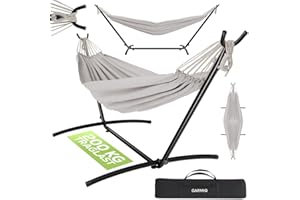 ‎GARMIO GARMIO® Hängematte beige mit Stahlgestell 270 x 110 x 105 cm, 200 kg Tragkraft, klappbar, pflegeleicht, inkl. Zubehör & Tragetasche für Garten & Balkon