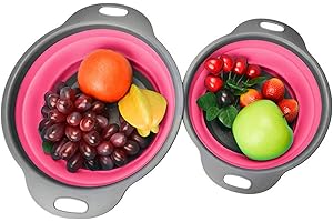 DINGLONG HOME 2 Pcs Passoire de Cuisine Pliable, passoire Pliable en Silicone, Passoire Pliante en Silicone Filtre Rétractable, pour Fruits Légumes, idéal pour Les pâtes, Les légumes, Les Fruits. (Rose vif)