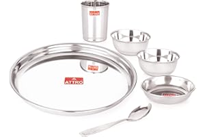 Attro 6 Pieces Smart Stainless Steel Dinnerware/Dinner Set - 1 Thali, 1 D.Plate, 2 Bowl, 1 Glass, 1 Spoon, Kitchen Set for Ho