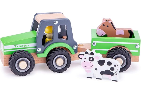 New Classic Toys Trateur avec Remorque Animaux Jouet en Bois pour Enfant, 11941, Vert