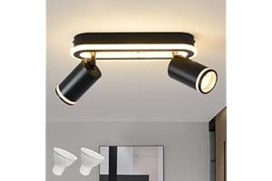 SANSHI Deckenleuchte 2 Flammig LED,Schwenkbar 350°Deckenstrahler,Deckenlampe mit unteres Glühen 15W+2x5W GU10 Spots,Modern Deckenspot Strahler 3000K Warmweiß,Spotlight Lampe für Wohnzimmer,Schwarz