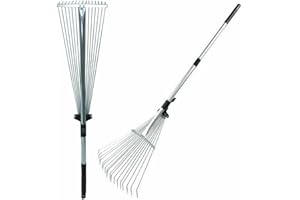 PaMeer 15 Teeth Adjustable Leaf Rake- Adjustable Telescopic Garden Rakes For Lawns - Chrome Finish Aluminium Garden Rake Heavy Duty - Light Weight Lawn Rake ( 82 - 160cm)