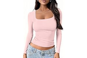OOHOKAY Langarmshirt Damen U-Ausschnitt Basic Oberteile Y2K Slim Fit Tshirt Crop Tops Lässige Streetwear