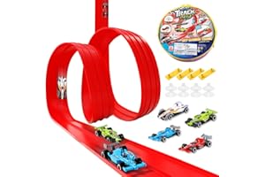 SGZIOO Flexible Car Track, Car Track Toy, 4M Roll Up Speed Track for Toy Cars, Hotwheels Tracks Set with 4 Diecast Toy Cars, 8 Suction Cups, Attach to Windows Doors for Bumps Jumps Tunnels Loop