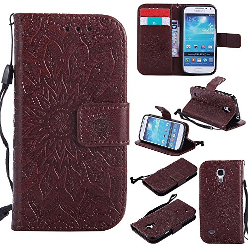 Galaxy S4 Mini Hülle, Dfly Premium Slim PU Leder Mandala Blume prägung Muster Flip Hülle Bookstyle Stand Slot Schutzhülle Tasche Wallet Case für Samsung Galaxy S4 Mini i9190, Braun
