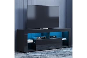 SONNI Mueble TV con LED, Mesa Durable para Televisión, Armario Salón Moderno Negro, Cristal Templado, 140cm