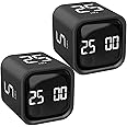 Rotating Pomodoro Timer 5, 25, 10 50 Minutes Preset, Desk Productivity Timer Flip Timer, Cube Timer for ADHD, Vibration/High/Low Volume, for Work, Study, Back to School, Kitchen, Black, 2 Pack