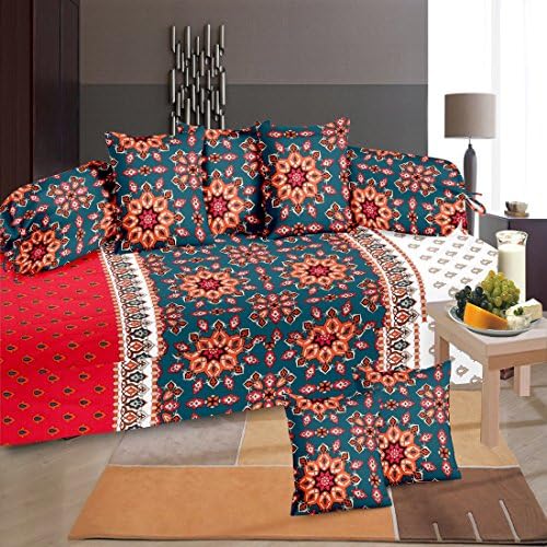 104 TC Diwan Set 100% Cotton Home Decrative Paisley Design Multicolor Bedsheet With Cushion &amp; Bolster Cover Combo Set