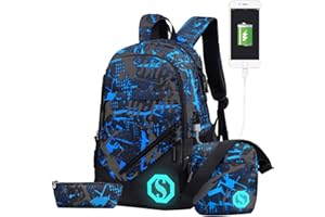 SellerFun Teenage Boy Girl Unisex Multifunctional School Bag Backpack with Florescent Mark(20L, USB ColorG 3 Sets)