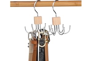 LMSAWK 2 Pieces Belt Hanger For Closet, Hanging Holder Storage Hook for Belt, Rotatable Belt Rack Closet Accessories, for Socks, Belt, Gloves, 6 Hooks, Wood Color