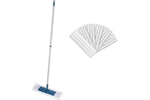 LNT Les Nouveaux Textiles - Lot de 1 Balais Télescopique Professionnel + 5 Serpillères Microfibre Grattantes 40 x 14 cm - Ultra Absorbant - Tous Types de Sols - Lavable en Machine