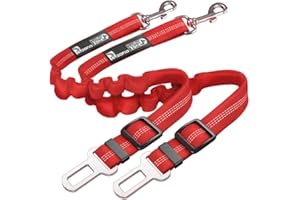 JUST PET ZONE 2 Pack Premium Car Seat Belt for Dogs Cats Pets, Adjustable Safety Heavy Duty Elastic Lead Harness for Cars with Elastic Nylon Bungee Buffer (Red)