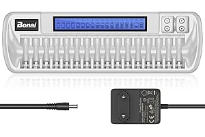 BONAI LCD 18 Ranuras Cargador de Pilas Universal para AA AAA Ni-MH Ni-CD y 9V Li-Ion Pilas Recargables con AC Adaptador