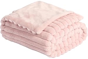 OHS Faux Fur Ribbed Pink Throw, Winter Warm Thick Blanket for Bed Sofas Fleece Throws for Home Decorative Comfy Super Soft Couch Cover Throw, 125 x 150cm - Blush