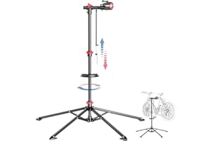 KARAT - Pied de montage vélo - Support de réparation vélo jusqu'à 30 kg - Pied d'atelier avec plateau à outils, Pivotant, Pliable, Hauteur réglable - 128 L x 128 l x 113,5 - 193 H cm Noir-Rouge (Lois)