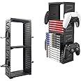 Feiuan Game Storage Tower for PS5 PS4, Double-Layer Multifunctional Organizer 24 Game Disc Boxes,4 Game Controller Holder for PS4 Slim Pro, X-Box One Slim/X-Box Series X, NS Switch