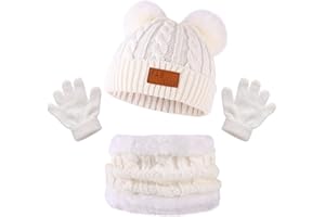 Bekecidi Ensemble Bonnet Echarpe Gant pour Enfants, Hiver Tricoté Tour de Cou Chaud Gants Bonnet avec Doublure Épaisse Hiver Bonnet Snood Gant pour Garçons et Filles 1-5 Ans