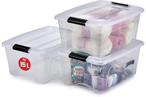 Iris Ohyama, Boite Rangement Plastique avec Couvercle, 15L, Lot de 3, Transparent, Clips de Fermeture, Poignée, Empilable, Organisation Solide & Durable, pour Chambre, Dressing, Bureau, NTB-15