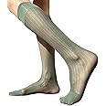 Watreketal Socks,Mens Thin Silk Formal Dress Suit Socks Clear Sheer Over the Calf Tube Socks Male Business Dress Wide Striped Long Socks