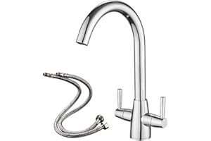 Heable Kitchen Mixer Tap Dual Lever Swivel Spout Chrome Sink Taps with UK Standard Fittings