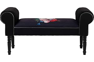 ‎KARE Kare Design Bank Wing, Schwarz, Sitzbank, Samtoptik, Blumenmotiv, Birkenholz Beine, Polsterbank für Flur, Garderobe, Schlafzimmer, 54x100x30 cm (H/B/T)