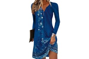 Yeenily Mujer Vestido Cuello Redondo Manga Larga Imprimir Túnicas Mini Ajustado Casual Vintage Otoño Vestir