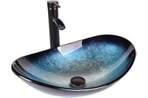 YU YUSING Lavabo da Appoggio in Vetro, Lavabo da Bagno, Lavadino Ovale con Rubinetto, per Bagno, Cucina, Ospiti, WC, Moderno, Colore Blu 53 x 35 x 16 cm