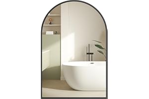 SONGMICS Espejo de Baño, Espejo de Pared, Arqueado, Marco de Aluminio, 91 x 61 cm, Lámina de Seguridad, Montaje Fácil, para Salón, Dormitorio, Regalos Navidad Mujer, Negro Tinta LWM011BD01