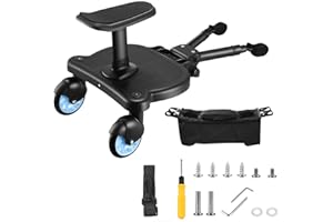 Ongerce Universal Buggy Board with Seat, Kiddy Board with Pram Organiser Bag, Stroller Board, Compatible with Over 99% of Pushchairs, Pram Accessory for Children from 2-6 Years (25 kg)