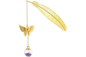 luoshaPUCY Marque-page plume en métal, Papillon et Fleur Sèche Éternelle Perles de Verre Pendentif Cadeau, Marque Page Métal Plume Pendentifs Papillon pour Étudiant Enfant et adult (Plumes dorées)