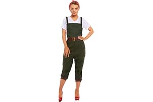 SoWest Women’s Land Girl Dungarees Fancy Dress Costume – Vintage Wartime Jumpsuit with Top & Headscarf | 1940s WW2 Style Workwear Overalls | Retro Pockets Playsuit Outfit