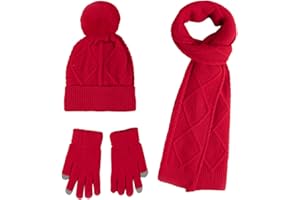Hinzonek Winter Warm Knit Beanie Hat Scarf Gloves Set for Women Ladies Girls 3 in 1 Pom Pom Hats Mittens Neck Scarf Set Thick Outdoor Wearing