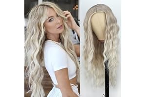 PORSMEER Long Wavy Mixed Silver Grey Blonde Wigs for Women Natural Synthetic Hair Wigs Ombre Wig with Dark Roots Middle Part