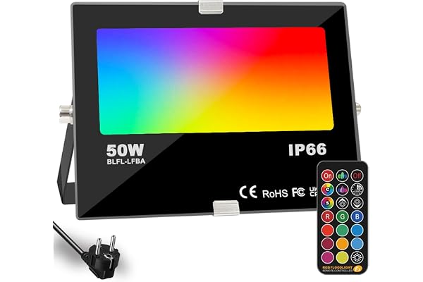 Projecteur LED RGB Extérieur, changement de couleur 50W, mode stroboscopique personnalisé bricolage, RGB Led Fluter 12 couleurs, minuterie, télécommande incluse, IP66 étanche