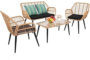 CU ALightUp - Ensemble de mobilier de jardin - Salon de jardin en résine tressée - Design rétro - Chaises et table - Marron