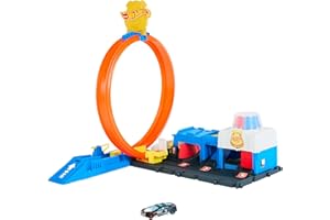 Hot Wheels Supercomisaría de policía Conjunto de pista, conjunto de juego con coche de juguete metálico a escala 1:64, looping regulable para hacer carreras y acrobacias de varias formas, JBM71