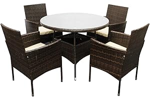 COZYBRITE Rattan Garden Furniture Set with Round Dining Table Chairs 4 Seaters for Outdoor Patio Bistro SFS014-1 (Mix Brown)
