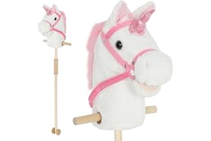 AIYAPLAY Unicorn Stick Horse with Wood Wheels, Real Pony Neighing and Galloping Sounds, Grip Handle, Plush Unicorn Hobby Horse Toy, 95 cm, White (LR44 Batteries Required)