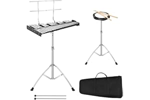 KOMFOTTEU Kit carillon avec support réglable en hauteur, xylophone 32 notes, 1 paire de maillets, 1 tambour d'exercice à 8 angles, percussion à main portable pour enfants, adultes