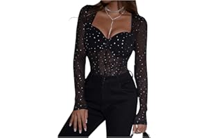 GORGLITTER Women's Sequin Mesh Sheer Bustier Bodysuit Sweetheart Neck Long Sleeve Leotards